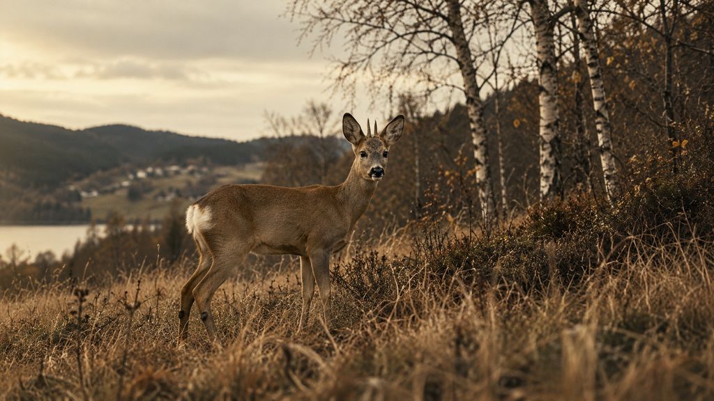 A roe deer standing in autumn grass among birch trees above the fjord